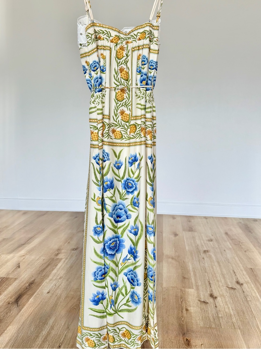 FARM Rio Pineapple Floral Maxi Dress Blue White Lace Trim Belted NWT - Picture 3 of 11
